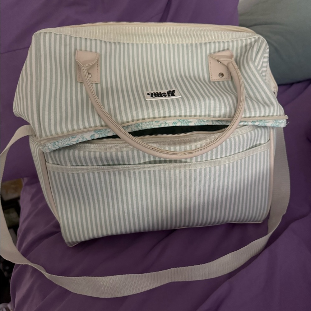 Striped Light Blue & White Baby Bag with Cream Handles